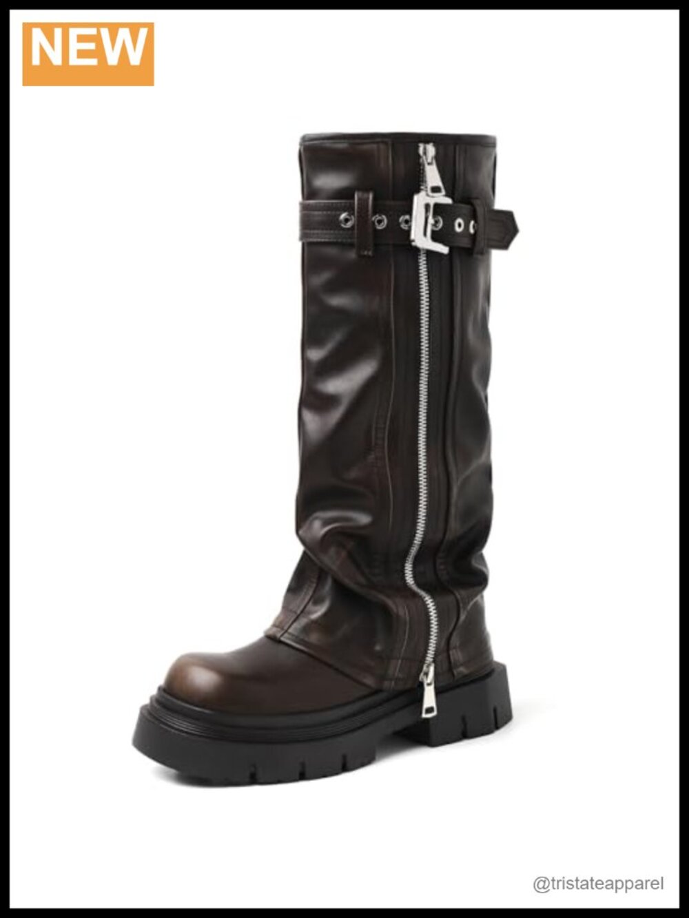 Women's Chunky Heel Knee High Platform Motorcycle Boots Square Toe Zipper